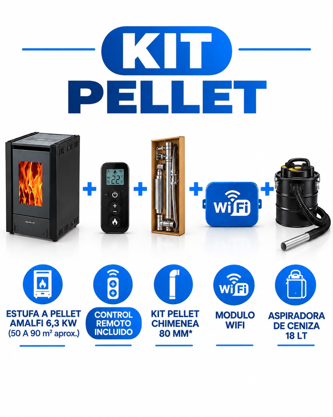 Estufa a Pellet Amalfi 6.3 KW (Incluye kit ductos, aspiradora y control remoto)