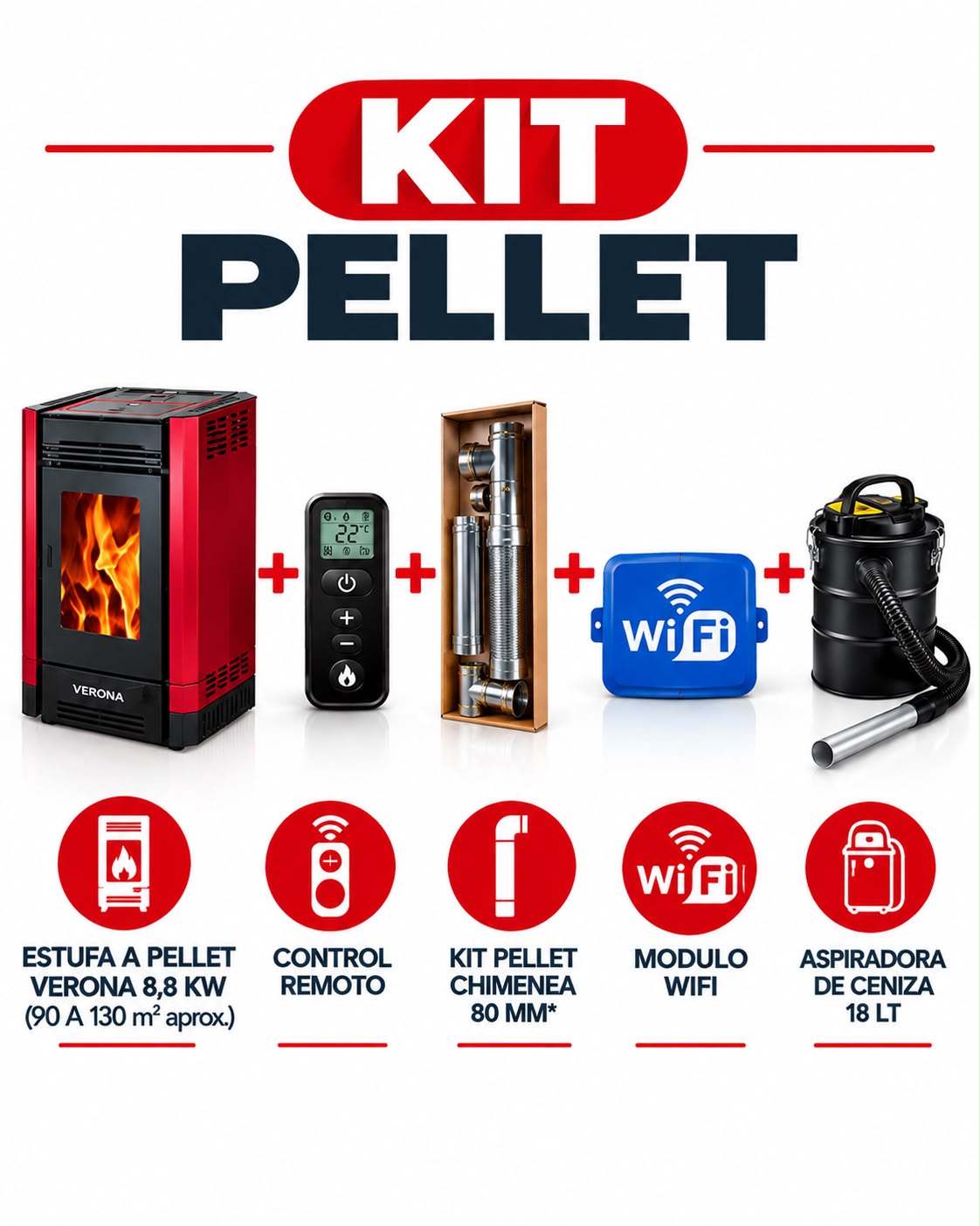 Estufa a Pellet Verona 8.8 KW (Incluye kit ductos, aspiradora y control remoto)