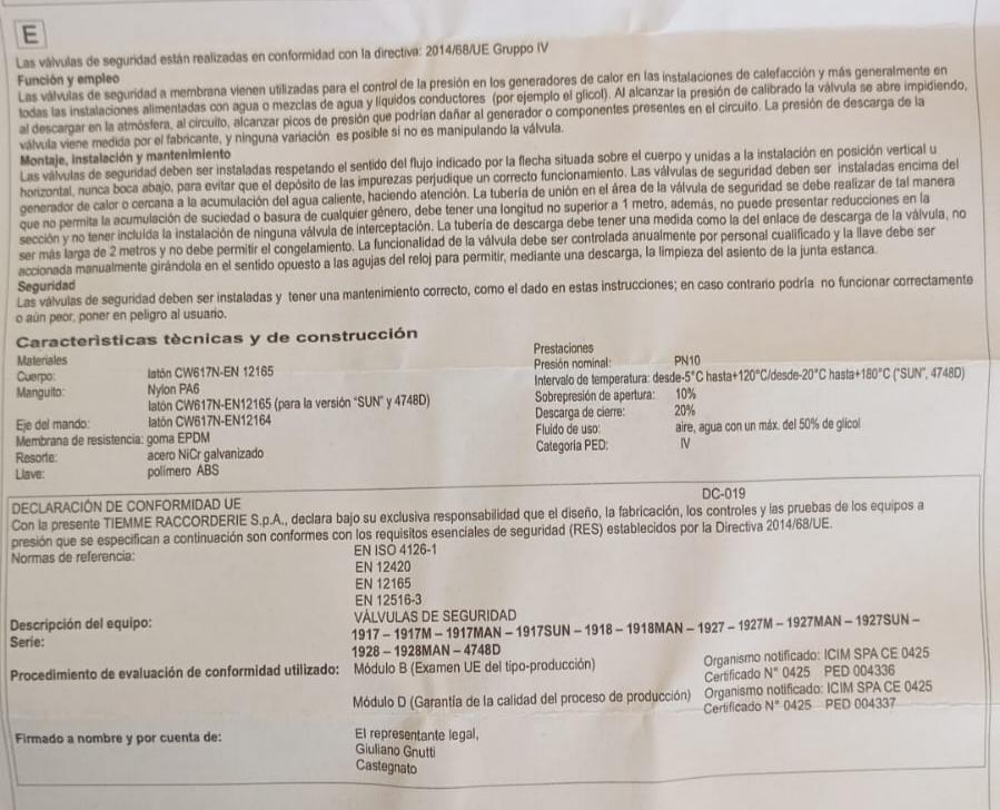 Válvula de Seguridad de 3bar 1/2 Tiemme